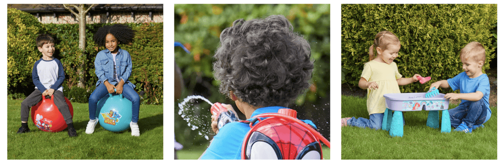 Collage of three images of kids using outdoor toys.