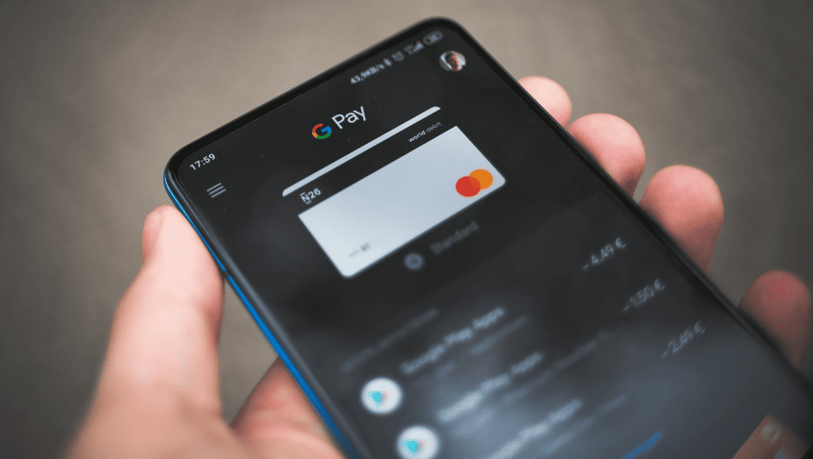 Smartphone with Google Pay app open.