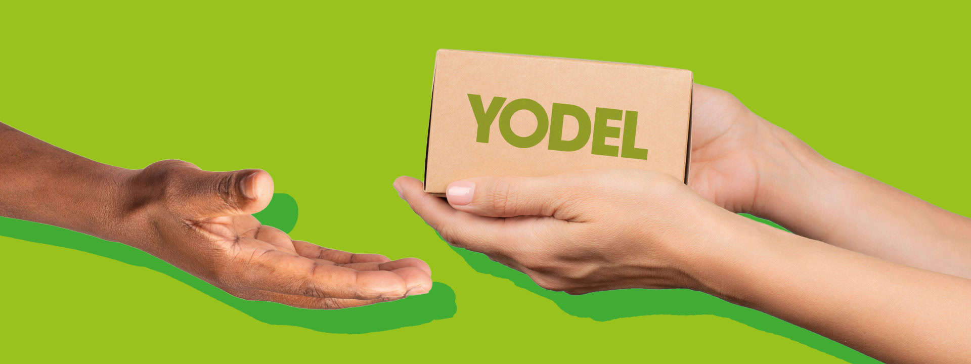 Green background with a pair of hands passing a Yodel box to another hand.