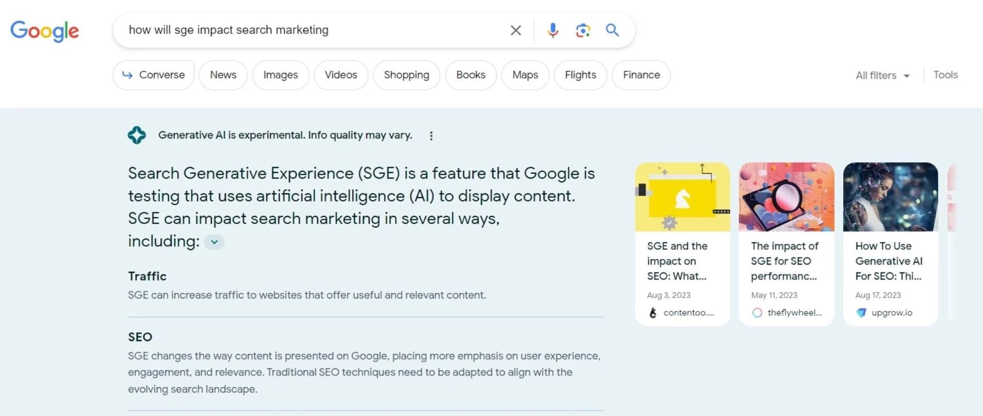 Screenshot of Google SGE in action for the query 'how will sge impact search marketing'..