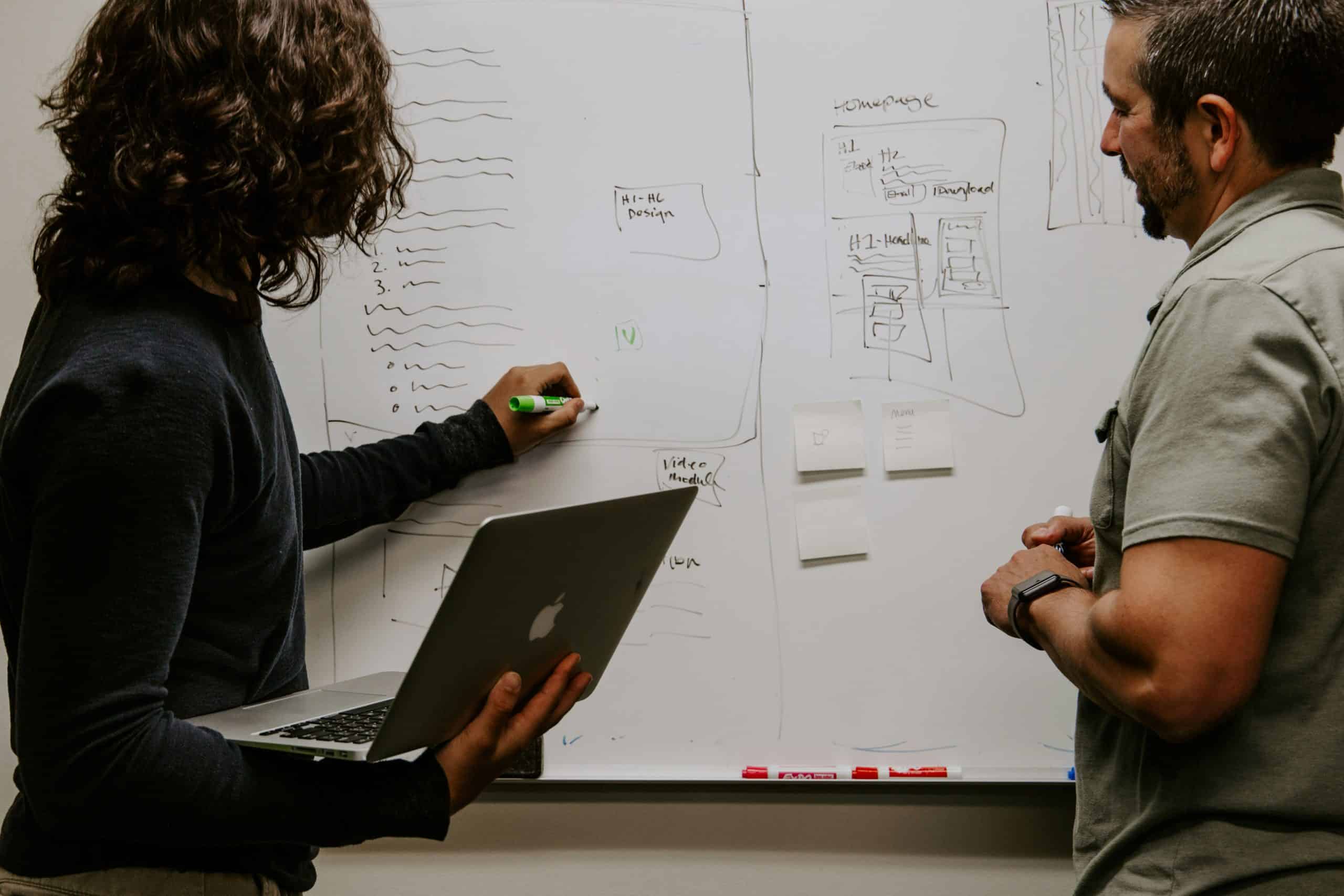 A man and a woman stood in front of whiteboard making a plan.