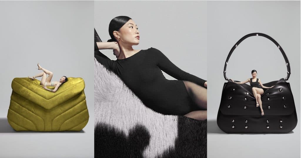 CGI imagery of a model sat on a handbag.