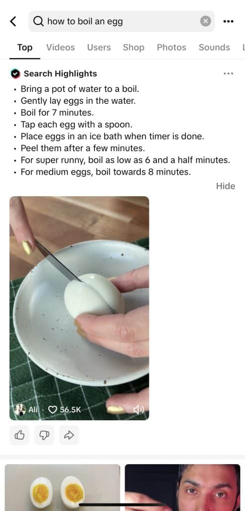 Screenshot of search result on TikTok app when searching, 'how to boil an egg'