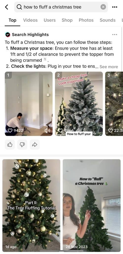 Screenshot of search result on TikTok app when searching, 'how to fluff a christmas tree'